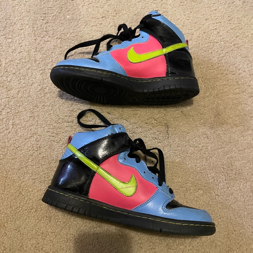 nike dunk high girls gs 4.5y 308319 033 black/bright cactus-university blue-flam